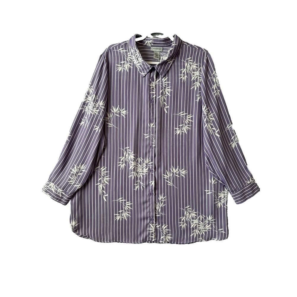 Catherines 1X 18/20W Purple Striped Bamboo Print Button Up Blouse Tunic Boho Art